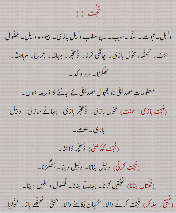 حجّت , دلیل۔ثبوت۔ سند۔سبب۔ بے مطلب دلیل بازی۔ بیہودہ دلیل۔ فضول بحث۔ ٹھٹھا، مخول بازی۔ چاگھی کرنا۔ ڈھچر۔ بہانہ۔ جرح۔ مباحثہ۔ جھگڑا۔ رد و کد, معلومات تصدیقی جو مجہول تصدیقی کے جاننے کا ذریعہ ہوں,حجت بازی,مخول بازی۔ ڈھچر بازی۔ بہانے سازی۔ دلیل بازی۔ بحث,حجت کڈھنی,  ڈھچر ڈاہڽا,حجت کرنی,  دلیل بنانا۔ دلیل دینا۔ جھگڑنا,حجتاں بنانا, حجتیں کرنا۔ بہانے بنانا۔ فضول دلیلیں دینا,حجتی, حجت کرنے والا۔ کنہان نکالنے والا۔ بحثی۔ ٹھٹھے باز۔ مخولٖیا۔ بہانے ساز۔ ڈھچر باز,حجتی, مخول بازی۔ڈھچر بازی۔بہانے سازی۔دلیل بازی۔ بحث,حجتن,حجتی سے ۔ حجتیں کرنے والا۔