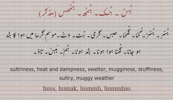 ہس۔ ہمک۔ ہمھ۔ ہمھس۔ ہسر۔ ہسڑ۔ گما۔ گھما۔ حبس۔ گرمی۔ ہٹ۔ وٹ۔ موسم گرما میں ہوا بند ہو جانا۔ گھٹا ہوا ہونا۔ ہم۔ ہبس۔ حبس۔ تاؤ۔sultriness. heat. dampness. swelter. mugginess. stuffiness. sultry. muggy weather. huss. humal. hummh. hummhas. , ਹੁੱਸ,ਹੁਮਕ,ਹੁੰਮ੍ਹ,ਹੁੰਮ੍ਹਸ