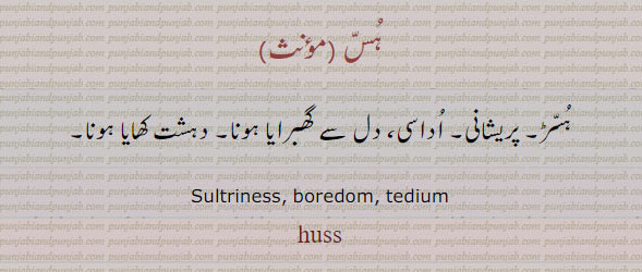 ہس۔ ہسڑ۔ پریشانی۔ اداسی۔ دل سے گھبرایا ہونا۔ دہشت کھایا ہونا۔ sultriness. boredom. tedium,  huss.ਹੁੱਸ