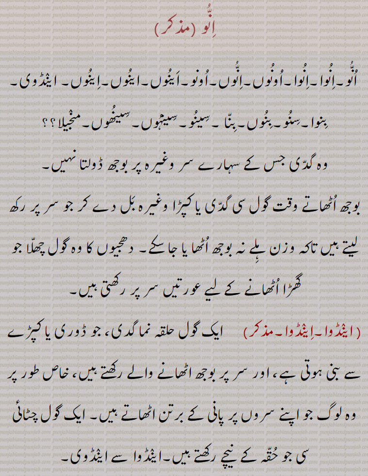 انو, انوا۔انوا۔اونوں۔انوں۔اونو۔,اینوں۔ اینڈوی,بنوا۔سنو۔بنوں۔بنا ۔سینو۔سینہوں۔سینھوں۔منجیلا؟؟
وہ گدی جس کے سہارے سر وغیرہ پر بوجھ ڈولتا نہیں,بوجھ اٹھاتے وقت گول سی گدی یا کپڑا وغیرہ بل دے کر جو سر پر رکھ لیتے ہیں تاکہ وزن ہلے نہ بوجھ اٹھا یا جا سکے۔ 