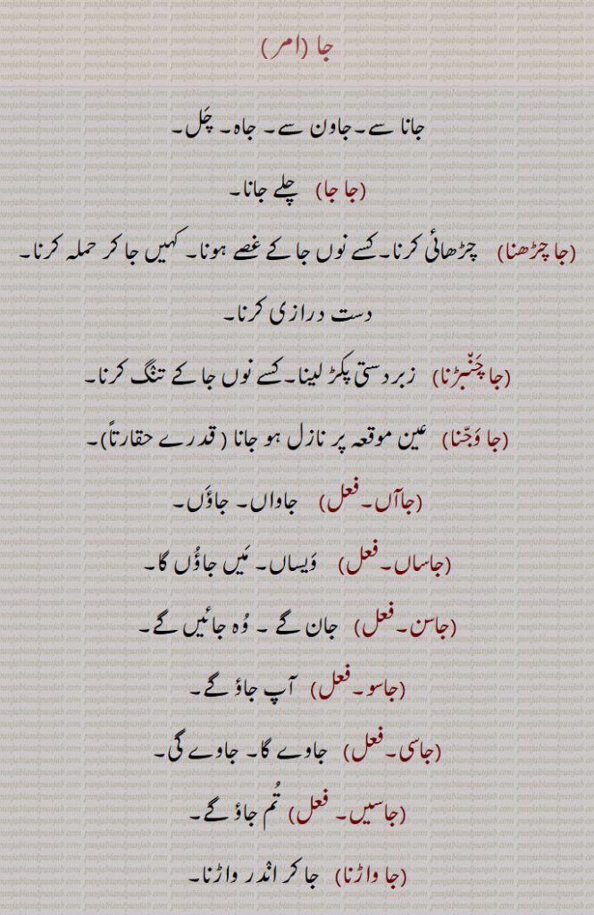 جا , جانا سے۔جاون سے۔ جاہ۔ چل,جا جا,    چلے جانا,جا چڑھنا,    چڑھائی کرنا۔کسے نوں جا کے غصے ہونا۔ کہیں جا کر حملہ کرنا۔دست درازی کرنا,جا چنبڑنا)   زبردستی پکڑ لینا۔کسے نوں جا کے تنگ کرنا,جا وجنا,   عین موقعہ پر نازل ہو جانا ,جاآں,   جاواں,جاؤں,جاساں۔,ویساں۔ میں جاؤں گا,