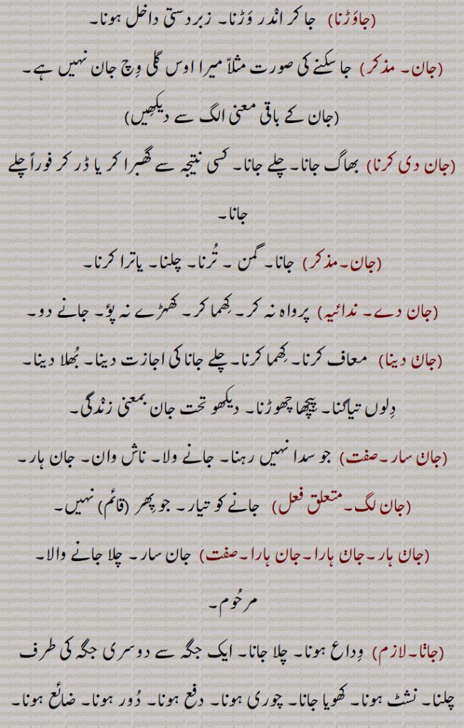جاسن, جان گے ۔ وہ جائیں گے,جاسو,  آپ جاؤ گے,جاسی,  جاوے گا۔ جاوے گی,جاسیں,  تم جاؤ گے,جا واڑنا, جا کر اندر واڑنا,جاوڑنا,  جا کر اندر وڑنا۔ زبردستی داخل ہونا,جان, جا سکنے کی صورت مثلا میرا اوس گلی وچ جان نہیں ہے,جان دی کرنا,  بھاگ جانا۔ چلے جانا۔ کسی نتیجہ سے گھبرا کر یا ڈر کر فوراً چلے جانا,جان, جانا۔ گمن ۔ ترنا۔ چلنا۔ یاترا کرنا,جان دے, پرواہ نہ کر۔ کھما کر۔ کھہڑے نہ پؤ۔ جانے دو,جان دینا, معاف کرنا۔ کھما کرنا۔ چلے جانا کی اجازت دینا۔ بھلا دینا۔ دلوں تیاگنا۔ پیچھا چھوڑنا۔ ,جان سار,جو سدا نہیں رہنا۔ جانے ولا۔ ناش وان۔ جان ہار,جان لگ, جانے کو تیار۔ جو پھر (قائم) نہیں,جان ہار۔جان ہارا۔جان ہارا,  جان سار۔ چلا جانے والا۔ مرحوم,جانا, وداع ہونا۔ چلا جانا۔