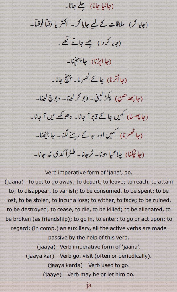Verb imperative form of 'jana', go.,jaana,   To go, to go away; to depart, to leave; to reach, to attain to; to disappear, to vanish; to be consumed, to be spent; to be lost, to be stolen, to incur a loss; to wither, to fade; to be ruined, to be destroyed; to cease, to die, to be killed; to be alienated, to be broken (as friendship); to go in, to enter; to go or act upon; to regard; (in comp.) an auxiliary, all the active verbs are made passive by the help of this verb., jaaya,   Verb imperative form of 'jaana'., jaaya kar,    Verb go, visit (often or periodically)., jaaya karda,    Verb used to go., jaaye,    Verb may he or let him go.,ja,jaa, ਜਾਇਆ,  ਜਾਇਆ ਕਰ, ਜਾਇਆ ਕਰਦਾ,  ਜਾਏ,جا , ਜਾ,
