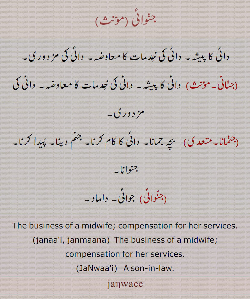 جنوائی .داٸی کا پیشہ۔ داٸی کی خدمات کا معاوضہ۔ داٸی کی مزدوری.جنائی.  داٸی کا پیشہ۔ داٸی کی خدمات کا معاوضہ۔ داٸی کی مزدوری.جنمانا.  بچہ جمانا۔ دائی کا کام کرنا۔ جنم دینا۔ پَیدا کرنا۔ جنوانا.جنوائی. جوائی۔ داماد۔
The business of a midwife; compensation for her services..janaa'i, janmaana. The business of a midwife; compensation for her services..JaNwaai.   A son-in-law.,  janwai,ਜਣਾਈ, ਜਣਵਾਈ 