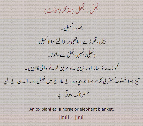 جھلی,جھل,jhalee,ਝਲੀ,jhulee,ਝੁਲੀ,jhullee,ਝੁੱਲੀ,jhull,ਝੁੱਲ,jhillee,ਝਿੱਲੀ,an ox blanket. horse. elephant blanket. jhull. jhul. jull jul. بھورا کمبل۔ بیل گھوڑا ہاتھی پر ڈالنے والا کمبل۔ کھوڑے کو ساز اور زین سے مزین کرنے والی چیزیں۔ مغربی گرم ہوا۔ پچھادھ کے علاقے ,بھورا کمبل,جھل,جانور کا کمبل