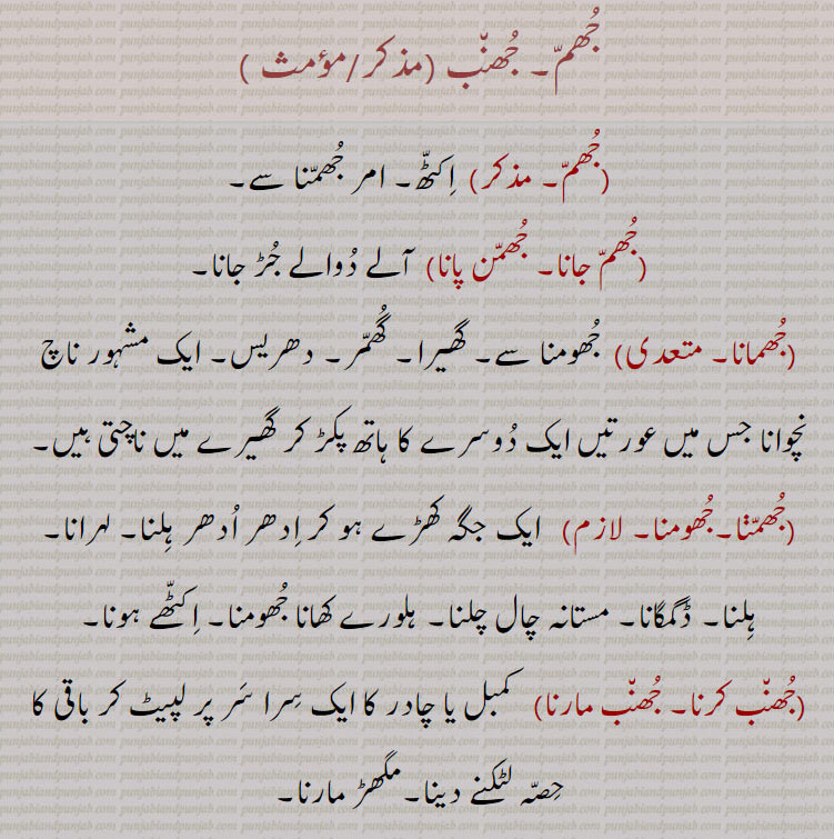جھم۔ جھنب ,جھم, اکٹھ۔ امر جھمنا سے,جھم جانا۔ جھمن پانا, آلے دوالے جڑ جانا,جھمانا۔,  جھومنا سے۔ گھیرا۔ گھمر۔ دھریس۔ ایک مشہور ناچ نچوانا جس میں عورتیں ایک دوسرے کا ہاتھ پکڑ کر گھیرے میں ناچتی ہیں,جھمڽا۔جھومنا,  ایک جگہ کھڑے ہو کر ادھر ادھر ہلنا۔ لہرانا۔ ہلنا۔ ڈگمگانا۔ مستانہ چال چلنا۔ ہلورے کھانا جھومنا۔ اکٹھے ہونا,جھنب کرنا۔ جھنب مارنا,   کمبل یا چادر کا ایک سرا سر پر لپیٹ کر باقی کا حصہ لٹکنے دینا۔مگھڑ مارنا,جھنب مار,  کپڑا یا کمبل کو اس طرح تہ دے کر سر اور کندھوں پر لپیٹا گیا ہو,جھنب, جھم۔ مگھڑ۔ کمبل یا چادر، کھیس، لوئی سر کے اوپر ایک طریقہ سے لپیٹنے کی حالت یا فعل، جس میں چہرہ تھوڑا سا  ننگا رہتا ہے۔کلاہ درویش,جھنبیاں, چھوٹی ٹولیاں۔