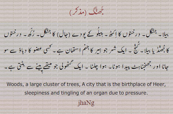 jhaNg,ਝੰਗ, Woods, a large cluster of trees.a city , birth place of Heer. sleepiness and tingling of an organ due to pressure, جھنگ۔بیلا۔ جنگل۔ درختوں کا اکٹھ۔ پیلو کے پودے جال کا جنگل۔ رکھ۔ درختوں کا چ=جھنڈ۔ کنج۔ شہر ہیر کا جنم استھان۔ عضو کا دباؤ سے سو جانا۔ جھنجناہٹ پیدا ۔ ہوا چلنا۔ گٹھولی جو میتھے پینے سے بنتی ہے۔