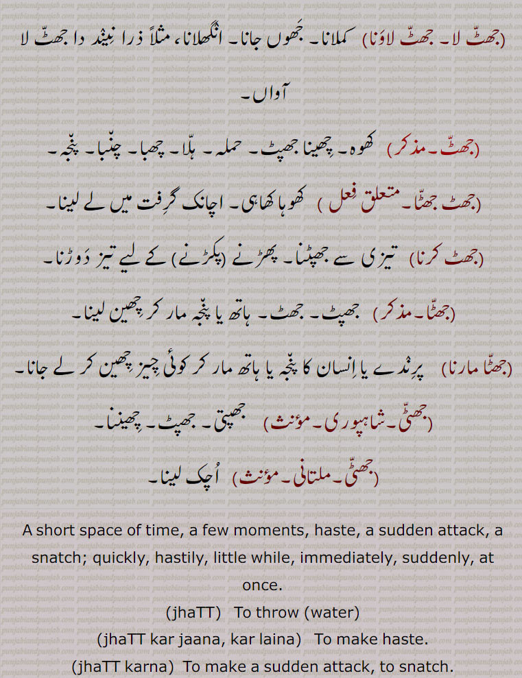 ,جھٹ لا۔ جھٹ لاونا,  کملانا۔ جھوں جانا۔ انگھلانا، مثلاً ذرا نیند دا جھٹ لا آواں۔,   کھوہ۔ چھینا جھپٹ۔ حملہ۔ ہلا۔ چھبا۔ چنبا۔ پنجہ,جھٹ جھٹا, کھوہا کھاہی۔ اچانک گرفت میں لے لینا۔,جھٹ کرنا,   تیزی سے جھپٹنا۔ پھڑنے (پکڑنے) کے لیے تیز دوڑنا,جھٹا,  جھپٹ۔ جھٹ۔ ہاتھ یا پنجہ مار کر چھین لینا,جھٹا مارنا, پرندے یا انسان کا پنجہ یا ہاتھ مار کر کوئی چیز چھین کر لے جانا,جھٹی, جھپتی۔ جھپٹ۔ چھیننا,جھٹی, اچک لینا۔