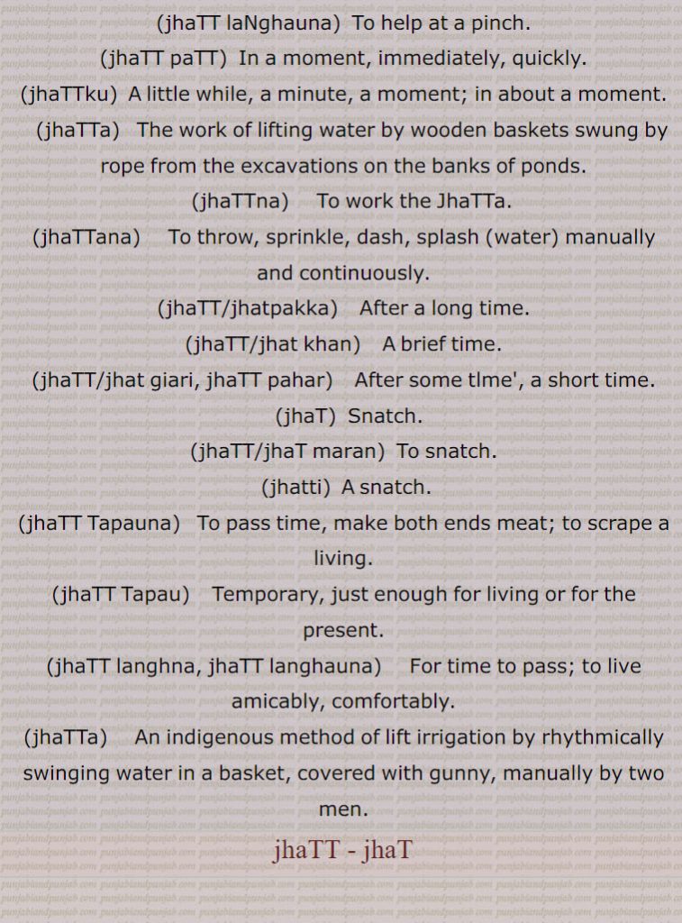 A short space of time, a few moments, haste, a sudden attack, a snatch; quickly, hastily, little while, immediately, suddenly, at once., jhaTT,   To throw water, jhaTT kar jaana, kar laina,   To make haste., jhaTT karna,  To make a sudden attack, to snatch., jhaTT laNghauna, To help at a pinch., jhaTT paTT,  In a moment, immediately, quickly., jhaTTku,  A little while, a minute, a moment; in about a moment., jhaTTa,   The work of lifting water by wooden baskets swung by rope from the excavations on the banks of ponds., jhaTTna,  To work the JhaTTa., jhaTTana,  To throw, sprinkle, dash, splash water, manually and continuously. jhaTT/jhatpakka,   After a long time.,jhaTT/jhat khan,   A brief time., jhaTT/jhat giari, jhaTT pahar,    After some tlme', a short time., jhaT,  Snatch., jhaTT/jhaT maran,  To snatch., jhatti,  A snatch., jhaTT Tapauna,   To pass time, make both ends meat; to scrape a living., jhaTT Tapau,   Temporary, just enough for living or for the present., jhaTT langhna, jhaTT langhauna,   For time to pass; to live amicably, comfortably., jhaTTa,   An indigenous method of lift irrigation by rhythmically swinging water in a basket, covered with gunny, manually by two men., jhaTT, jhaT,
 ਝੱਟ,  ਝੱਟਾ,   ਝੱਟਣਾ ,  ਝੱਟਣਾ ,  ਝੱਟ ਘੜੀ,  ਝੱਟ ਟਪਾਉਣਾ, ਝੱਟ ਟਪਾਊ,  ਝੱਟ ਲੰਘਣਾ, ਝੱਟ ਲੰਘਾਉਣਾ,  ਝੱਟਾ, ਝੱਟ ,ਝਤ,