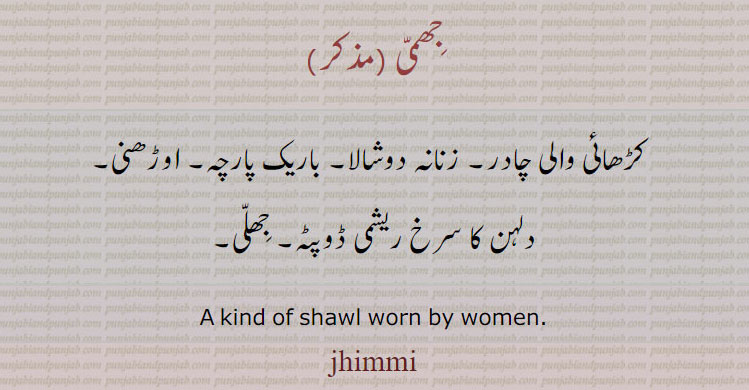ਝਿੰਮੀ , A kind of shawl worn by women. کڑھائی والی چادر۔ زنانہ دوشالہ۔ دوشالا۔ باریک پارچہ۔ اوڑھنی۔ دلہن کا سرخ ریشمی ڈوپٹہ۔ جھلی۔جھمی۔