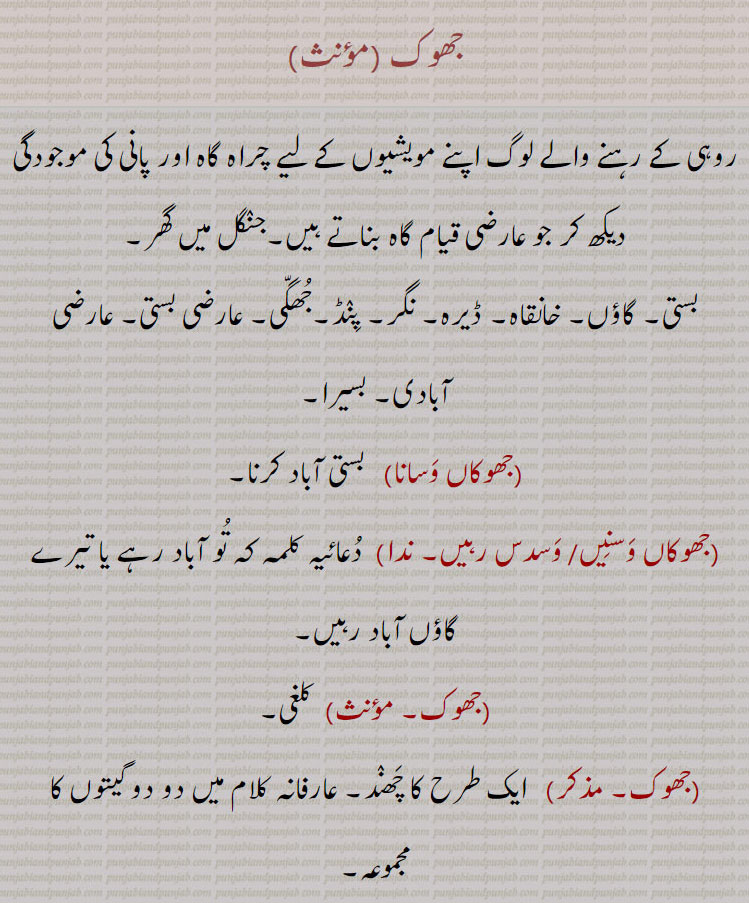 جھوک,روہی کے رہنے والے لوگ اپنے مویشیوں کے لیے چراہ گاہ اور پانی کی موجودگی دیکھ کر جو عارضی قیام گاہ بناتے ہیں۔جنٛگل میں گھر,بستی۔ گاؤں۔ خانقاہ۔ ڈیرہ۔ نگر۔ پنٛڈ۔جھگی۔ عارضی بستی۔ عارضی آبادی۔ بسیرا,جھوکاں وسانا,   بستی آباد کرنا,جھوکاں وسنیں, جھوکاں وسدس رہیں,  دعائیہ کلمہ کہ تو آباد رہے یا تیرے گاؤں آباد رہیں, کلغی, ایک طرح کا چھنٛد۔ عارفانہ کلام میں دو دو گیتوں کا مجموعہ, 