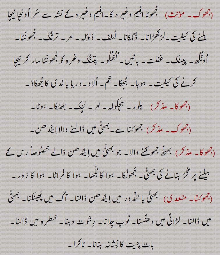 ,  جھوٹا افیم وغیرہ کا۔افیم وغیرہ کے نشہ سے سر اونچا نیچا ہلنے کی کیفیت۔لڑکھڑانا۔ ڈگمگانا۔ لطف۔ ولولہ۔ لہر۔ ترنٛگ۔ جھونٹا۔ اونٛگھ۔ پینک۔ غفلت۔ باتیں۔ گفتگو۔ پتنٛگ وغرہ کو جھونٹا مار کر نیچا کرنے کی کیفیت۔ ہوہا۔ ہجکا۔ خم۔ الاو۔دریا یا ندی کا جھکاؤ,جھوکا, ہلور۔ ہچکولہ۔ لہر۔ لچک۔ جھٹکا۔ ہوٹا,  جھوکنا سے۔بھٹی میں ڈالنے والا اینٛدھن۔
(جھوکا۔ مذکر)  بھٹھ جھوکنے والا۔ جو بھٹی میں اینٛدھن ڈالے خصوصاً رس کے بیلنے پر گڑ بنانے کی بھٹی۔ جھونٛکا۔ ہوا کا بلھا۔ ہوا کا فراٹا۔ ہوا کا زور,جھوکنا,  بھٹی یا تنٛدور میں اینٛدھن ڈالنا۔ آگ میں پھینکنا۔ بھٹی میں ڈالنا۔ لڑائی میں دھنسنا۔ توپ چلانا۔ رشوت دینا۔ خطرہ میں ڈالنا۔ بات چیت کا نشانہ بنانا۔ ٹاکرا۔