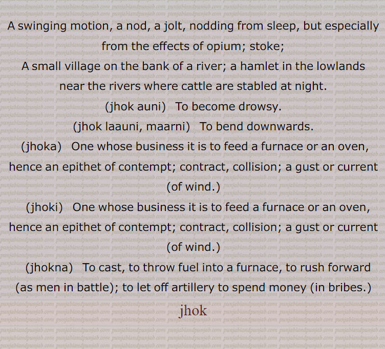 A swinging motion, a nod, a jolt, nodding from sleep, but especially from the effects of opium; stoke;
A small village on the bank of a river; a hamlet in the lowlands near the rivers where cattle are stabled at night.
(jhok auni)   To become drowsy.
(jhok laauni, maarni)   To bend downwards.
 (jhoka)   One whose business it is to feed a furnace or an oven, hence an epithet of contempt; contract, collision; a gust or current (of wind.)
   (jhoki)   One whose business it is to feed a furnace or an oven, hence an epithet of contempt; contract, collision; a gust or current (of wind.)
   (jhokna)   To cast, to throw fuel into a furnace, to rush forward (as men in battle); to let off artillery to spend money (in bribes.), ਝੋਕ jhok
