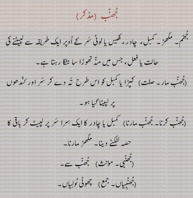 جھنب۔ جھم۔ مگھڑ۔ کمبل۔ چادر۔ کھیس۔ لوئی سر کے اوپر۔ لپیٹنے کا طریقہ۔ جھنب مار۔ کپڑا یا کمبل تہ کر کے کندھو پر۔ جھنب کرنا۔ جھنب مارنا۔ مگھڑ مارنا۔ جھنبی ۔ جھنبیاں۔ چھوٹی ٹولیاں۔ جھمبی۔ جھمب۔جھمب مارنا۔ جھمب کرنا۔