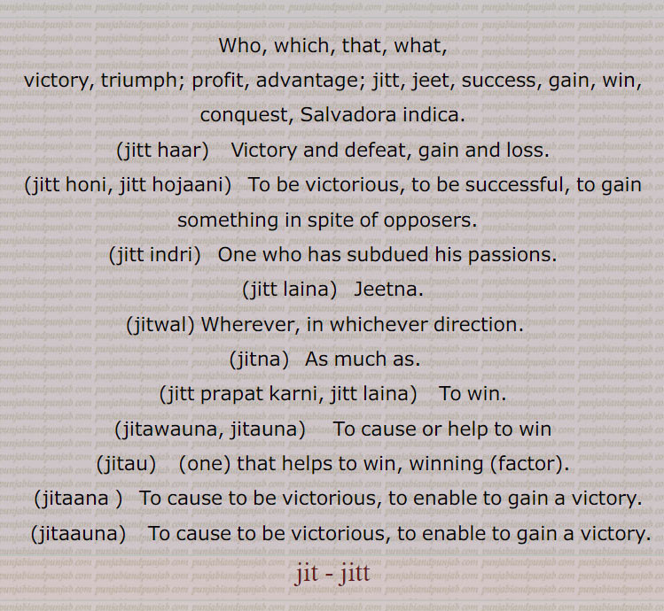 Who, which, that, what,, victory, triumph; profit, advantage; jitt, jeet, success, gain, win, conquest, Salvadora indica., jitt haar,  Victory and defeat, gain and loss., jitt honi, jitt hojaani,  To be victorious, to be successful, to gain something in spite of opposers.  , jitt indri,   One who has subdued his passions., jitt laina,  Jeetna., jitwal, Wherever, in whichever direction.   , jitna,   As much as.   , jitt prapat karni, jitt laina, To win., jitawauna, jitauna,  To cause or help to win, jitau, one that helps to win, winning  factor, jitaana,  To cause to be victorious, to enable to gain a victory., jitaauna,  To cause to be victorious, to enable to gain a victory., jit - jitt, ਜੀਤ,


