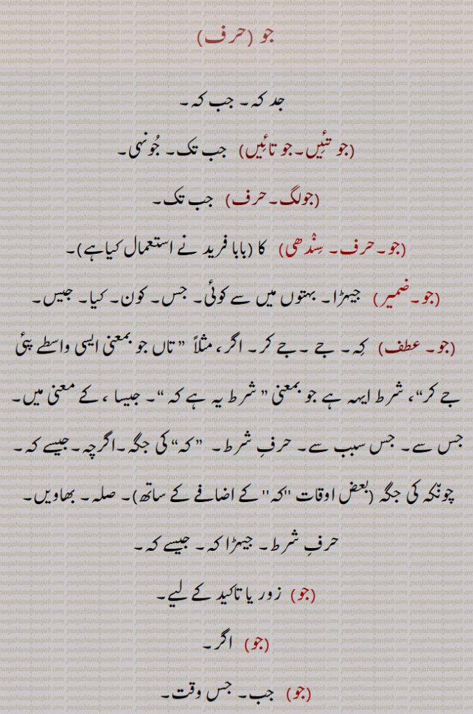 
جو ,جد کہ۔ جب کہ,جو تئیں۔جو تائیں,  جب تک۔ جونہی,جولگ,  جب تک, جیہڑا۔ بہتوں میں سے کوئی۔ جس۔ کون۔ کیا۔ جیس,  کہ۔ جے ۔جے کر۔ اگر، مثلاً  ” تاں جو بمعنی ایسی واسطے پئی جے کر“، شرط ایہہ ہے جو بمعنی ” شرط یہ ہے کہ “۔ جیسا ، کے معنی میں۔ جس سے۔ جس سبب سے۔ حرف شرط۔  ” کہ“ کی جگہ۔اگرچہ۔جیسے کہ۔  چونکہ کی جگہ, صلہ۔ بھاویں۔  حرف شرط۔ جیہڑا کہ۔ جیسے کہ,  زور یا تاکید کے لیے, اگر, جب۔