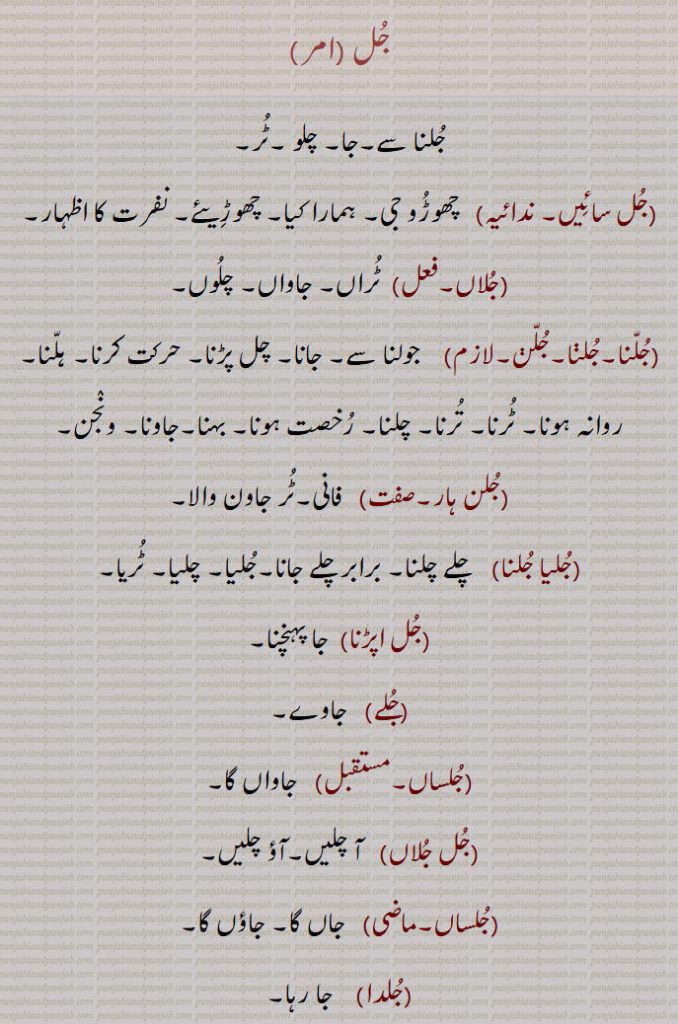 جُل,جُلنا سے۔جا۔ چلو ۔ٹُر,جُل سائیں,  چھوڑُو جی۔ ہمارا کیا۔ چھوڑیئے۔ نفرت کا اظہار,جُلاں, ٹُراں۔ جاواں۔ چلُوں,جُلنا۔جُلڽا۔جُلڽ,   جولنا سے۔ جانا۔ چل پڑنا۔ حرکت کرنا۔ ہلنا۔روانہ ہونا۔ ٹُرنا۔ تُرنا۔ چلنا۔ رُخصت ہونا۔ بہنا۔جاونا۔ ونجن,جُلن ہار,  فانی۔ٹُر جاون والا,جُلیا جُلنا,چلے چلنا۔ برابر چلے جانا۔جُلیا۔ چلیا۔ ٹُریا,جُل اپڑنا, جا پہنچنا,جُلے,  جاوے,جُلساں, جاواں گا,جُل جُلاں, آ چلیں۔آؤ چلیں,جُلساں,  جاں گا۔ جاؤں گا,جُلدا,  جا رہا,