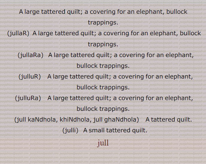  ਜੁੱਲਾ,  ,ਜੁੱਲ, jull,  ,ਜੁੱਲਡ਼, jullar ,ਜੁੱਲਡ਼ਾ ,jullara,,ਜੁੱਲੁੱਡ਼, jullur,ਜੁੱਲੁਡ਼ਾ, jullura  ,ਜੁੱਲੀ, julli,  A large tattered quilt; a covering for an elephant, bullock trappings, A small tattered quilt., A tattered quilt. , jull kandhola, khindhola, jull ghandhola, 