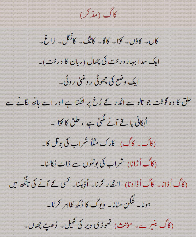 کاگ ,کاں۔ کاؤں۔ کوا۔ کاگا۔ کانگ۔ کانگل۔ زاغ,ایک سدا بہاردرخت کی چھال ,ربان کا درخت,ایک وضع کی چھوٹی روغنی روٹی,حلق کا وہ گوشت جو تالو سے اندر کے رخ پر لٹکتا ہے اور اسے ہاتھ لگانے سے ابکائی یا قے آنے لگتی ہے ، حلق کا کوا ,کاک۔ کاگ, کارک مثلاً شراب کی بوتل کا,کاگ اڑانا,  شراب کی بوتلوں سے ڈاٹ نکالنا,کاگ اڈانا۔ کاگ اڈاونا, انتظار کرنا۔ اڈیکنا۔ کسی کے آنے کی تانگھ میں ہونا۔ شگن منانا,ویوگ کا دکھ ظاہر کرنا,کاگ بنیرے,  تھوڑی دیر کی کھیل۔ دھپ چھاں,