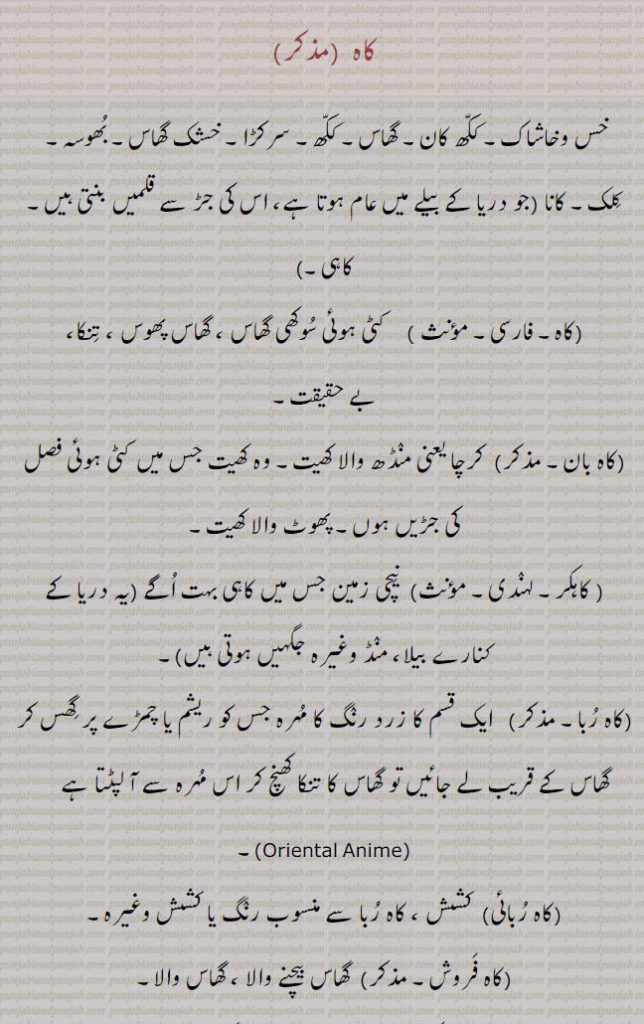 کاہ۔ کس و کاشاک۔ ککھ کان۔ گھاس۔ ککھ۔ سرکڑا۔ خشک گھاس۔ بھوسہ۔ کلک۔ کانا۔ ولم بنتی ہے۔ کٹی سوکھی گھاس۔ گھاس پھوس۔ تنکا۔ بے حقیقت۔ کاہ بان۔ کرچا ۔ منڈھ والا کھیت۔ پھوٹ والا کھیت۔کاہکر۔ نیچی زمین کس پر کاہی اگی۔ دریا کے کنارے بیلا۔ منڈ۔ کاہ ربا۔ شرد رنگ کا مہرہ جس کو ریشم یا چمڑے پر گھس کر گھاس کے قریب لے جانیں پر تنکا کھینچ کر اس مہرہ پر لپٹتا ہے۔۔ کاہ ربانی۔ کشش کاہ ربا۔ رنگ ۔کاہ فروش ۔ گھاس بیچنے والا کاہ تراش ۔ گھاس کاٹنے والا ۔ گھسیارا۔ کاہ کاہ۔ ذرہ ذرہ۔ کاہ کش۔ گھاس کھدنے والا ل ہاہی۔ ہلکا سبز رنگ۔ گہرا سبز۔ سیاہی جھلکنے والا۔ گھاس جیسا۔ کاہی قند۔ ہرے رنگ کا گندھک کا تیزاب۔ کسیس۔ کاہی۔ بکرا جس میں ایک پنسیری گوشت کا اندازہ ہو چار سیر کی راس۔