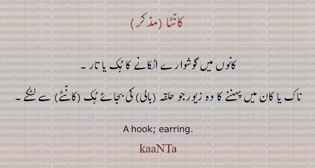 ਕਾਂਟਾ ، A hook; earring. کانوں میں گوشوارے اٹکانے کا ہک یاتار۔ ناک یا کان میں پہننے کا وہ زیور جو حلقہ بالی کی بجائے ہک کانٹے سے لٹکے۔