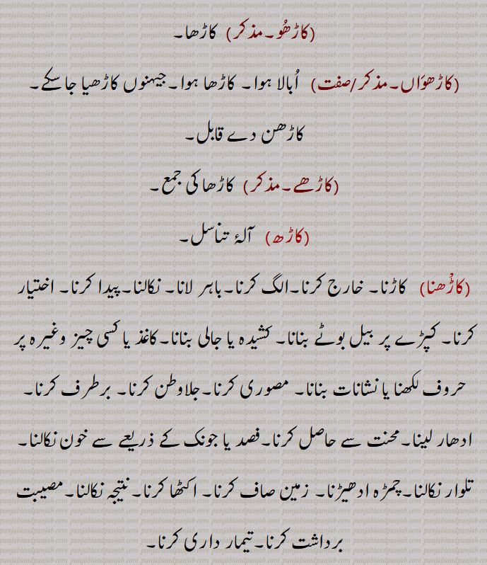  ابالا ہوا۔ کاڑھا ہوا۔جیہنوں کاڑھیا جا سکے۔ کاڑھن دے قابل,کاڑھے,کاڑھا کی جمع,کاڑھ,  آلۂ تناسل,کاڑْھنا, کاڑنا۔ خارج کرنا۔الگ کرنا۔باہر لانا۔ نکالنا۔پیدا کرنا۔ اختیار کرنا۔ کپڑے پر بیل بوٹے بنانا۔ کشیدہ یا جالی بنانا۔کاغذ یا کسی چیز وغیرہ پر حروف لکھنا یا نشانات بنانا۔ مصوری کرنا۔جلاوطن کرنا۔ برطرف کرنا۔ادھار لینا۔محنت سے حاصل کرنا۔فصد یا جونک کے ذریعے سے خون نکالنا۔ تلوار نکالنا۔چمڑہ ادھیڑنا۔ زمین صاف کرنا۔ اکٹھا کرنا۔نتیجہ نکالنا۔مصیبت برداشت کرنا۔تیمار داری کرنا۔