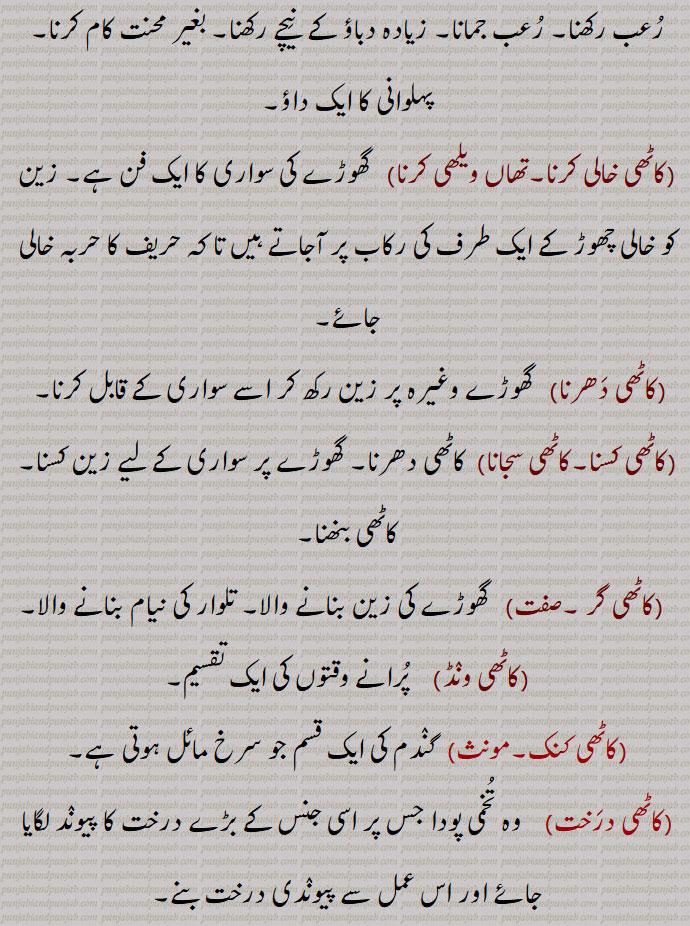  رعب رکھنا۔ رعب جمانا۔ زیادہ دباؤ کے  نیچے رکھنا۔ بغیر محنت کام کرنا,پہلوانی کا ایک داؤ,کاٹھی خالی کرنا۔تھاں ویلھی کرنا, گھوڑے کی سواری کا ایک فن ہے۔ زین کو خالی چھوڑ کے ایک طرف کی رکاب پر آجاتے ہیں تا کہ حریف کا حربہ خالی جائے,کاٹھی دھرنا, گھوڑے وغیرہ پر زین رکھ کر اسے سواری کے قابل کرنا۔ 
(کاٹھی کسنا۔کاٹھی سجانا)  کاٹھی دھرنا۔ گھوڑے پر سواری کے لیے زین کسنا۔ کاٹھی بنھنا,کاٹھی گر , گھوڑے کی زین بنانے والا۔ تلوار کی نیام بنانے والا,کاٹھی ونڈ,پرانے وقتوں کی ایک تقسیم,کاٹھی کنک, گندم کی ایک قسم جو سرخ مائل ہوتی ہے,کاٹھی درخت,  وہ تخمی پودا جس پر اسی جنس کے بڑے درخت کا پیوند لگایا جائے اور اس عمل سے پیوندی درخت بنے۔
