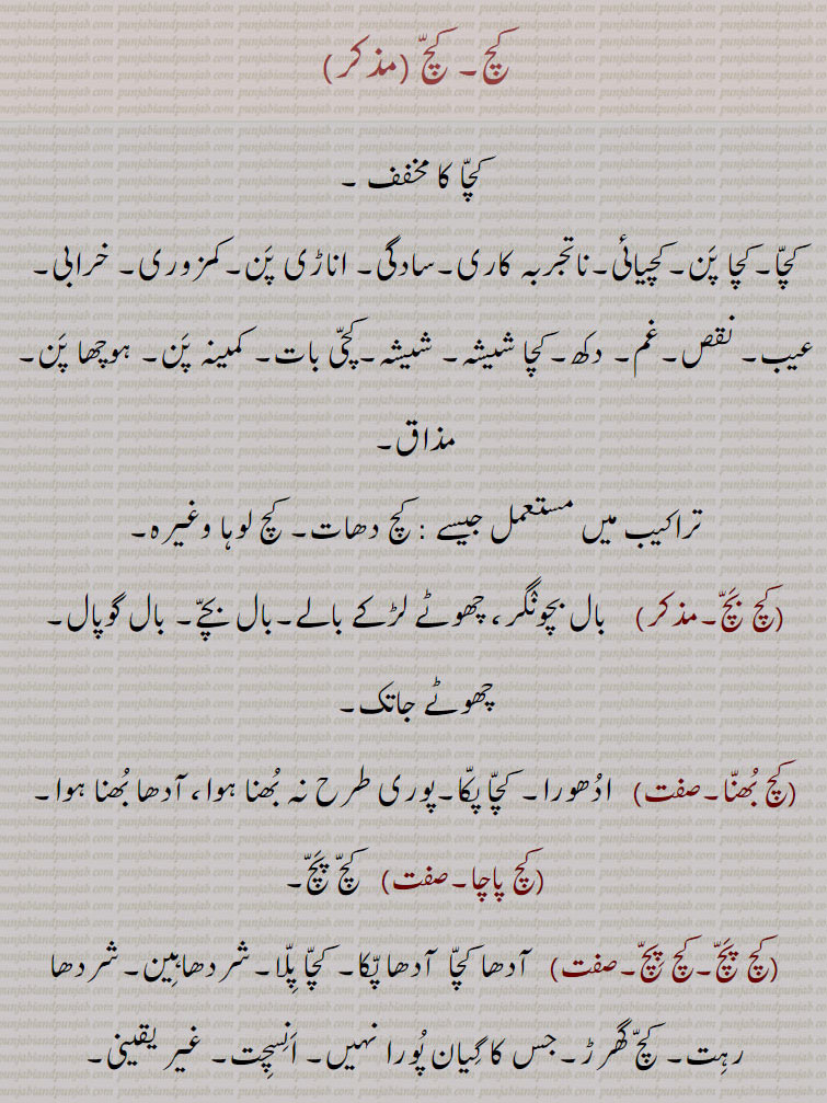 کچ, کچا کا مخفف ,کچا پن۔کچیائی۔ناتجربہ کاری۔سادگی۔ اناڑی پن۔کمزوری۔ خرابی۔ عیب۔ نقص۔غم۔ دکھ۔کچا شیشہ۔ شیشہ۔کچی بات۔ کمینہ پن۔ ہوچھا پن۔ مذاق,تراکیب میں مستعمل جیسے : کچ دھات۔ کچ لوہا ,کچ بچ,  بال بچونگر، چھوٹے لڑکے بالے۔بال بچے۔ بال گوپال۔ چھوٹے جاتک,کچ بھنا, ادھورا۔ کچا پکا۔پوری طرح نہ بھنا ہوا، آدھا بھنا ہوا,کچ پاچا, کچ پچ,کچ پچ, آدھا کچا  آدھا پکا۔ کچا پلا۔شردھاہین۔شردھا رہت۔ کچ گھرڑ۔جس کا گیان پورا نہیں۔ انسچت۔ غیر یقینی