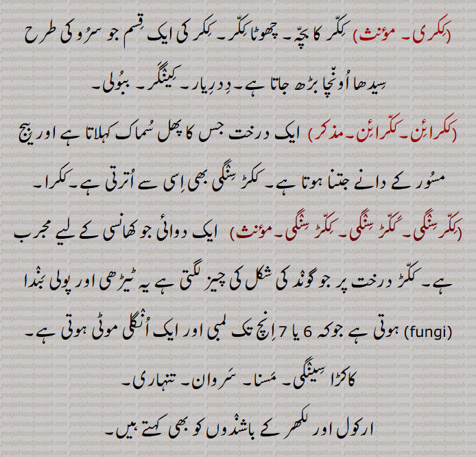 ککر کی ایک قسم جو سرو کی طرح سیدھا اونچا بڑھ جاتا ہے۔ددریار۔ کینگر۔ ببولی,ککرائن۔ککرائن, ایک درخت جس کا پھل سماک کہلاتا ہے اور بیج مسور کے دانے جتنا ہوتا ہے۔ ککڑ سنگی بھی اسی سے اترتی ہے۔ککرا۔
(ککرسنگی۔ ککڑ سنگی۔مؤنث)   ایک دوائ جو کھانسی کے لیے مجرب ہے۔ ککڑ درخت پو جو گوند کی شکل کی چیز لگتی ہے یہ ٹیڑھی اور پولی بندا (fungi) ہوتی ہے جولہ 6 یا 7 انچ تک لمبی اور ایک انگل موٹی ہوتی ہے۔۔ کاکڑا سینگی۔ مسنا۔ سروان۔ تنہاری۔ ارکول اور لکھر کے باشندوں کو بھی  کہتے ہیں۔