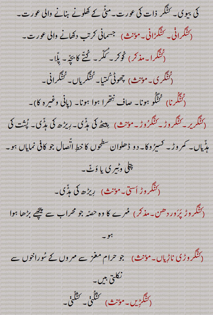  کنگر ذات کی عورت۔مٹی کے کھلونے بنانے والی عورت,کنگراڽی۔ کنگڑانی,  جسمانی کرتب دکھانے والی عورت,کنگرا, کوکر۔ ککر۔ کتے کا بچہ۔ پلا,کنگری, چھوٹی کتیا۔ کنگریاں۔ کنگرانی,کنگرنا,  کنگو ہونا۔ صاف نتھرا ہوا ہونا,کنگریر۔کنگروڑ,  پیٹھ کی ہڈی۔ریڑھ کی ہڈی۔ پشت کی ہڈیاں۔ کمروڑ۔ کسیروکا۔دو ڈھلوان سطحوں کا خط اتصال جو کافی نمایاں ہو۔ پتلی وٹیری یا وٹ,کنگروڑ استی,  ریڑھ کی ہڈی,کنگروڑ پروردھن,  مہرے کا وہ حصہ جو محراب سے پیچھے بڑھا ہوا ہو,کنگروڑی ناڑٖیاں,   جو حرام مغز سے مہروں کے سوراخوں سے نکلتی ہیں,کنگڑیں,  کنگڽی۔ کنگڽی,کنگکو, دریندو۔ ایک نبات,گنگڑا,  تکڑا۔ ہٹا کٹا,کنگڑی,کرینگڑی,کنگڑنا,  سنگڑنا۔ اکٹھے ہونا خاص کر سردی سے۔کونگڑنا۔ نٹھ کے بیٹھڽا,کنگڑی,  کانس۔ دیوار کی اوپر کی چوٹی کا بڑھاؤ یا کنگرا۔ کنگی، جو، ایک اناج ہے۔