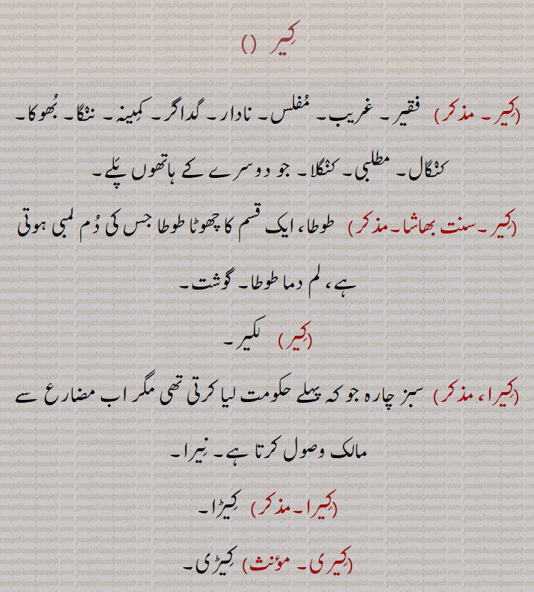 
 کیر, فقیر۔ غریب۔ مفلس۔ نادار۔ گداگر۔ کمینہ۔ ننگا۔ بھوکا۔ کنگال۔ مطلبی۔ کنگلا۔ جو دوسرے کے ہاتھوں پلے,کیر,  طوطا، ایک قسم کا چھوٹا طوطا جس کی دم لمبی ہوتی ہے، لم دما طوطا۔ گوشت, لکیر,کیرا,  سبز چارہ جو کہ پہلے حکومت لیا کرتی تھی مگر اب مضارع سے مالک وصول کرتا ہے۔ نیرا,کیرا, کیڑا,کیری, کیڑی,کیری مار, ایک جھاڑی۔ کیڑی مار,کیرنا, وین۔ ورلاپ۔ رونے کی چیخ۔ اونچا سر کے ساتھ رونے کی حالت۔ چیخ و پکار سے رونا/ پانا۔ قصہ۔ کتھا۔ کہنا۔ خستہ حالی وغیرہ کا بیان۔ پھولنا,کیرنے, برلاپ۔ وین۔ رونے میں ورلاپ (پانا)۔ دلیل بازی۔ جھوٹا بہانہ۔ حجت,کیرنے پانا,کیرنے پاؤنے,  ورلاپ کرنا, keer,ਕੀਰ,A low base born person, one destitute, a beggar,Poor.,keerna,  Wail, high pitched cry of mourning.  ,keerne paune,ਕੀਰਨੇ ਪਾਉਣੇ , To wail, lament, mourn, cry bitterly.,keera,ਕੀਰਾ, Green fodder taken formerly, by Government, taken now by proprietors from tenants;  Neera.,