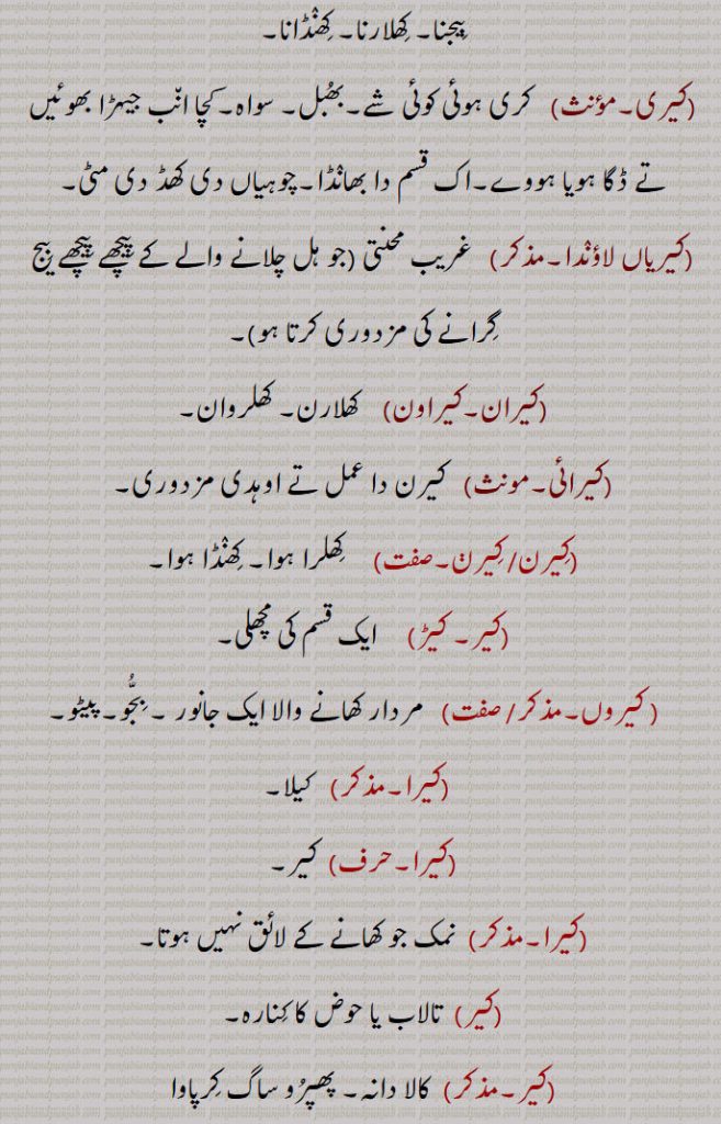 کیر ,کیرنا سے بکھیرنا۔ پھیلانا ,کیرا,  کیر کر ڈالے ہوئے بِیج۔ گِرنا یا ٹپکنا (پھلوں کا)۔ کیر کر بیجی فصل۔ ہاتھوں سے کیرنے کا عمل۔بوائی کا ایک طریقہ جس میں ایک آدمی آگے آگے کھیت میں ہل چلاتا ہے اور دوسرا اس کے پیچھے ہل سے بنائی گئی لکیر میں ہاتھ سے بیچ گراتا جاتا ہے۔کیرا, بُھرا ہوا ,بھور۔ کِرنے سے گِری ہوئی مٹی۔ مثلاً چُوہے کیر,کیرا لگنا, گِرنا پھلوں کا,کیرا بھورا, گِرا پڑا دانہ وغیرہ,کیرنا,  گِرنا۔ نِیچے گِرانا  یا  ٹپکانا۔ بِچھانا۔ کھلیرنا۔ کِھنٛڈانا۔ تھوڑا تھوڑا پَھینکے جانا۔ بکھیرنا۔ پَھیلانا۔ پور سے کھیت میں دانے بِیجنا۔ کِھلارنا۔ کِھنٛڈانا,کیری, کل۔ ایک پَودا۔ کِینٛگی,باریک اناج، جڑی بوٹیوں کے بیج وغیرہ۔ کوئلے کی دھول جو چھلنی سے گرتی ہے، اینٹیں ہٹانے کے بعد بَھٹّے کی دھول۔گرم راکھ,کیریاں لاؤنٛڈا, غریب محنتی جو ہل چلانے والے کے پیچھے پیچھے بِیج گِرانے کی مزدوری کرتا ہے,کِیرن,  کِھلرا ہوا۔ کِھنٛڈا ہوا,کیر,  تالاب یا حوض کا کِنارہ۔ چھپّر کا کِنارہ۔نزلہ,  کالا دانہ۔ پھیرو ساگ, عُضو۔ لِنٛگ۔ ذَکَر۔ قضیب۔ آلۂ تناسل , مرد کا ,کیرا,نمک جو کھانے کے لائق نہیں ہوتا,کیر۔کیرا,  کر,کا۔کے۔کی۔دا,کیری,  کی۔دی,کیرے,  کے۔دے,  کیڑ، ایک قسم کی مچھلی۔