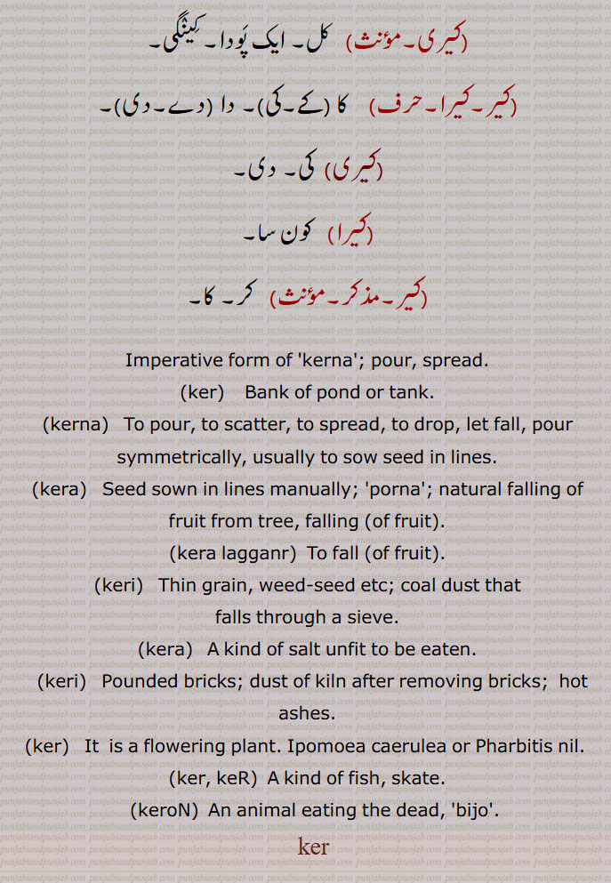 ,ker,ਕੇਰ , Imperative form of kerna, ; pour., Bank of pond or tank., Ipomoea coerulea or Pharbitis nil or Ipomoea nil.,  Skate,fish, kerna, ਕੇਰਣਾ, To pour, to scatter, to spread., ਕੇਰਨਾ ,  To drop, let fall, pour symmetrically, usually to sow seed in lines, to pour, scatter, spread., kera laggana,   To fall ,of fruit,keri,ਕੇਰੀ , Thin grain, weed-seed etc; coal dust that falls through a sieve, pounded bricks; dust of kiln after removing bricks; hot ashes.,kera, ਕੇਰਾ  Seed sown in lines manually, natural falling of fruit from tree, a kind of salt unfit to be eaten.,ker  ,ਕੇਰ ,  kera ,ਕੇਰਾ,an animal eating dead jiko. keron ,