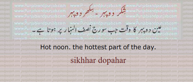 ਵੇਲਾ , ਵੇਲ਼ਾویلا۔ وقت۔ ٹائم، ویلا۔
ਸਕਿਰ sikar, ਸਿਖਰ ਦੁਪਹਿਰ ,سکھر دوپہر , sikhar dopahar,sikkar dopahar  Hot noon. the hottest part of the day. عین دوپہر کا وقت جب سورج نصف النہار پر ہوتا ہے