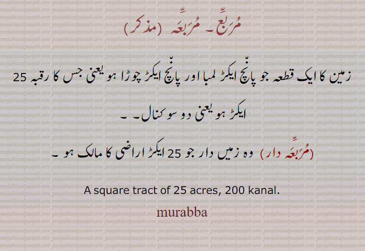 مربع۔ مربعہ ,زمین کا ایک قطعہ جو پانچ ایکڑ لمبا اور پانچ ایکڑ چوڑا ہو یعنی جس کا رقبہ 25 ایکڑ ہو یعنی دو سو کنال۔,مربّعہ دار, وہ زمیں دار جو 25 ایکڑ اراضی کا مالک ہو ۔
A square tract of 25 acres, 200 kanal. murabba, murabba  ,ਮੁਰੱਬਾ 
