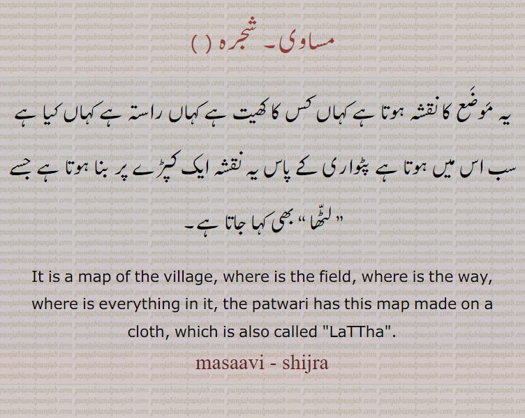 ,جمع بندی,شجرہ,لٹھا,مساوی,jama bandi,ਜਮ੍ਹਾਂ ਬੰਦੀ, ਜਮਾਬੰਦੀ, masaavi,shijra,ਮੁਸਾਵੀ,ਸ਼ਜਰਾ, 
مساوی۔ شجرہ,یہ موضع کا نقشہ ہوتا ہے کہاں کس کا کھیت ہے کہاں راستہ ہے کہاں کیا ہے سب اس میں ہوتا ہے پٹواری کے پاس یہ نقشہ ایک کپڑے پر بنا ہوتا ہے جسے ” لٹھا “ بھی کہا جاتا ہے۔
It is a map of the village, where is the field, where is the way, where is everything in it, the patwari has this map made on a cloth, which is also called "LaTTha".
masaavi - shijra