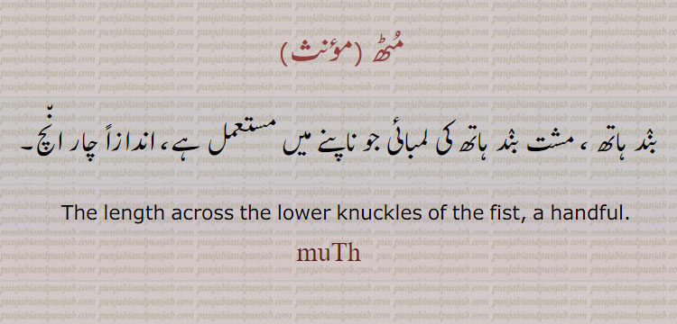 مٹھ ,بند ہاتھ ، مشت بند ہاتھ کی لمبائی جو ناپنے میں مستعمل ہے، اندازاً چار انچ۔
  The length across the lower knuckles of the fist, a handful.
muTTh , ਮੁਥ , muth,
 پیمائش کے پیمانے