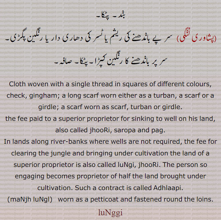 ਲੁੰਗੀ lunggi, ਲੁੰਙੀ, Cloth woven with a single thread in squares of different colours, check, gingham; a long scarf worn either as a turban, a scarf or a girdle;   the fee paid to a superior proprietor for sinking 2 well on his land. Also called jhoori, jhuri, saropa and pag. In lands along river-banks where wells are not required, the fee for clearing the jungle and bringing under cultivation the land of a superior proprietor is also called Lungi, jhuri. The person so engaging becomes proprietor of half the land brought under cultivation. Such a contract is called Adhlapi. 
manjh lungi, worn as a petticoat and fastened round the loins, lunggi, lungi