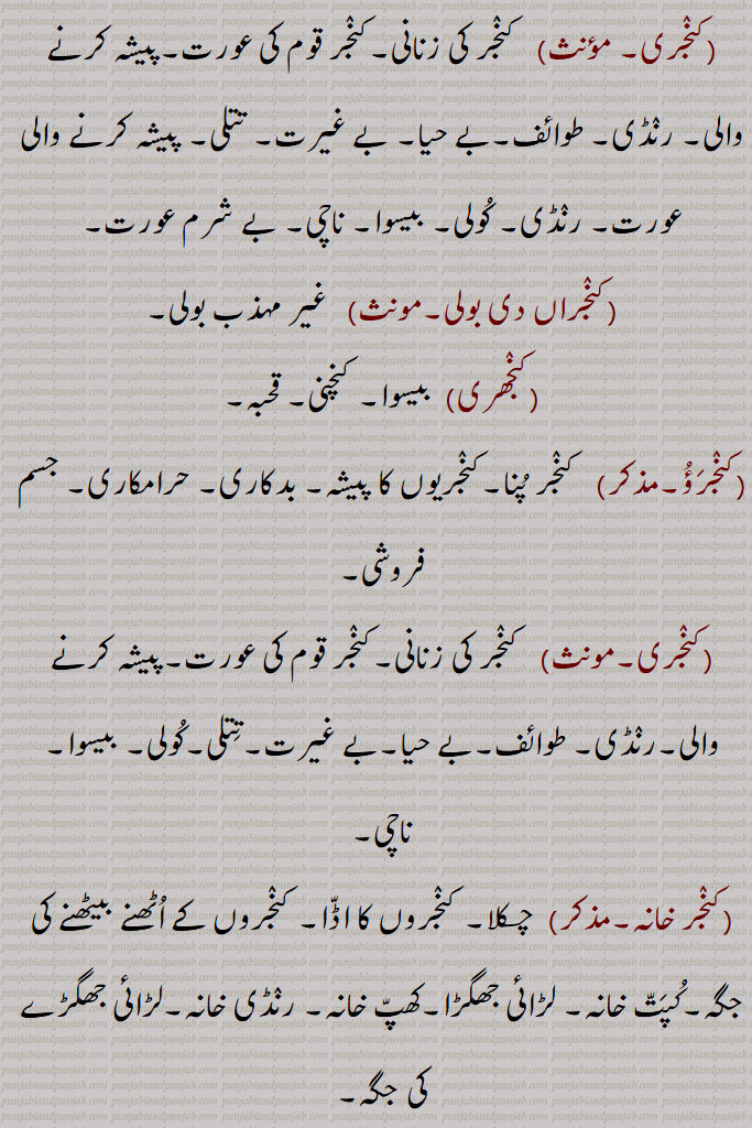  کنجری,کنجر کی زنانی۔کنجر قوم کی عورت۔پیشہ کرنے والی۔ رنڈی۔ طوائف۔بے حیا۔ بے غیرت۔ تتلی۔ پیشہ کرنے والی عورت۔ رنڈی۔ کولی۔ بیسوا۔ ناچی۔ بے شرم عورت,کنجراں دی بولی,  غیر مہذب بولی,کنجھری,  بیسوا۔ کنچنی۔ قحبہ,کنجرؤ, کنجر پنا۔کنجریوں کا پیشہ۔ بدکاری۔ حرامکاری۔ جسم فروشی,کنجری, کنجر کی زنانی۔کنجر قوم کی عورت۔پیشہ کرنے والی۔رنڈی۔ طوائف۔بے حیا۔بے غیرت۔تتلی۔کولی۔ بیسوا۔ ناچی,کنجر خانہ, چکلا۔ کنجروں کا اڈا۔ کنجروں کے اٹھنے بیٹھنے کی جگہ۔کپت خانہ۔ لڑائی جھگڑا۔کھپ خانہ۔ رنڈی خانہ۔لڑائی جھگڑے کی جگہ,کنجھر, کنجر۔ ڈوم۔ بھڑوا۔رنڈی باز,کنجھر پنا۔کنجھر پناں,  ڈوم پن۔ ڈوم کا وطیرہ,کنجھری, بیسوا۔ کنچنی۔ قحبہ۔