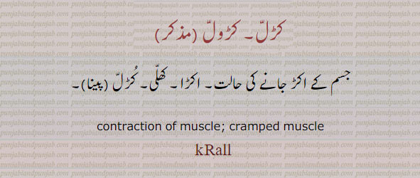 kaRall,ਕੜੱਲ, ਕੜਵੱਲ, ਕੜੱਲ ਪੈਣੇ, کڑلّ, کڑول
cramp, contraction of muscle; cramped muscle, 	to have cramps, krall, جسم کے اکڑ جانے کی حالت۔ اکڑا۔ کھلی۔ کڑل