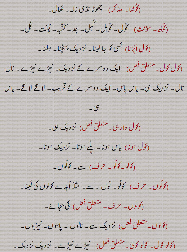  چھوٹا ندی نالہ۔ کھال,کولھ,کول۔ کوہل۔ کہل۔ جد۔ کنبہ۔ پشت۔ کل,کول اپڑنا,  کسی کو جا لینا۔ نزدیک پہنچنا۔ ملنا,کول کول,  ایک دوسرے کے نزدیک۔ نیڑے نیڑے۔ نال نال۔ نزدیک ہی۔ پاس پاس۔ ایک دوسرے کے قریب۔ لاگے لاگے۔ پاس ہی,کول وارہی, نزدیک ہی,کول ہونا, پاس ہونا۔ پلے ہونا۔ نزدیک ہونا,کولو,  سے۔ کولوں,کولوں,  کولو۔ توں ۔سے۔ مثلاً اہدے کولوں کی لینا,کولوں, کی بجائے,کولوں,نزدیک سے۔ نالوں ۔ پاسوں۔ نیڑیوں,کولو کول۔ کولو کولی,  نیڑے نیڑے۔ نزدیک نزدیک۔
