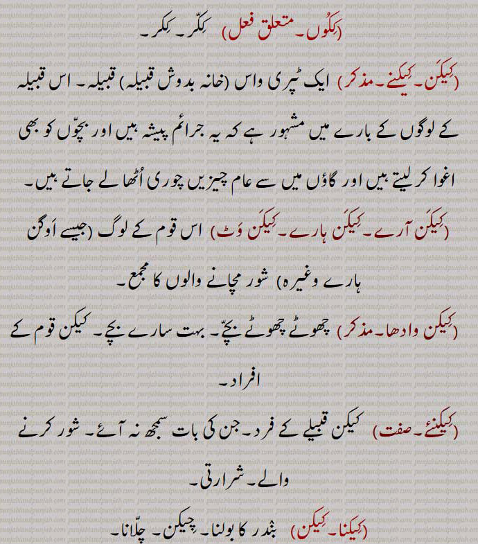  ایک ٹپری واس (خانہ بدوش قبیلہ) قبیلہ۔ اس قبیلہ کے لوگوں کے بارے میں مشہور ہے کہ یہ جرائم پیشہ ہیں اور بچوں کو بھی اغوا کر لیتے ہیں اور گاؤں میں سے عام چیزیں چوری اٹھا لے جاتے ہیں,کیکن آرے۔کیکن ہارے۔کیکن وٹ,  اس قوم کے لوگ (جیسے اوگن ہارے وغیرہ)  شور مچانے والوں کا مجمع,کیکن وادھا, چھوٹے چھوٹے بچے۔ بہت سارے بچے۔ کیکن قوم کے افراد,کیکنئے, کیکن قبیلے کے فرد۔جن کی بات سمجھ نہ آئے۔ شور کرنے والے۔شرارتی,کیکنا۔کیکن,   بندر کا بولنا۔ چیکن۔ چلانا۔