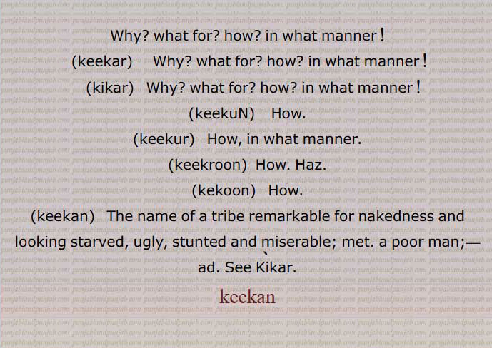Why? what for? how? in what manner !,keekar,    Why? what for? how? in what manner !,kikar,  Why? what for? how? in what manner !,keekuN,   How.,keekur,  How, in what manner.,keekroon,  How. Haz.,kekoon,   How.,keekan,   The name of a tribe remarkable for nakedness and looking starved, ugly, stunted and miserable; met. a poor man;, Kikar,
keekan,r, ਕੀਕਰ ,kikar, ਕਿਕਰ, keekun, keekur, keekroon, kekoon, keekan, ਕੀਕਨ, kikar,کیکن ,keekan, ਕੀਕਣ, kikan, ਕੀਕਨ,