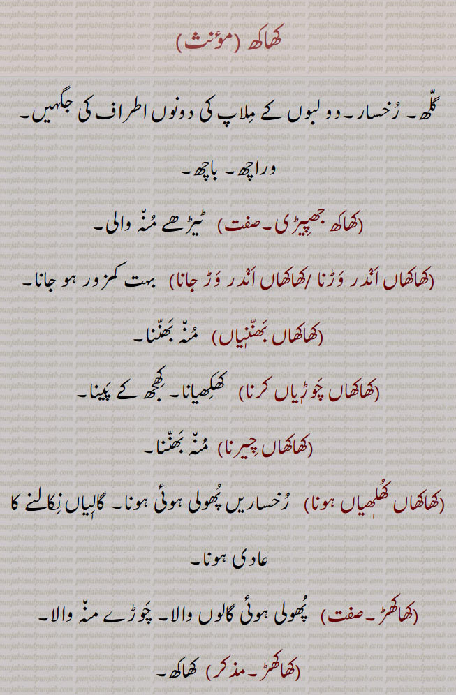 کھاکھ,گلھ۔ رخسار۔دو لبوں کے ملاپ کی دونوں اطراف کی جگہیں۔ وراچھ۔ باچھ,کھاکھ جھپیڑی,ٹیڑھے منہ والی,کھاکھاں اندر وڑنا ,کھاکھاں اندر وڑ جانا,   بہت کمزور ہو جانا,کھاکھاں بھننٖیاں,   منہ بھننا,کھاکھاں چوڑٖیاں کرنا,کھکھیانا۔ کھجھ کے پینا,کھاکھاں چیرنا,  منہ بھننا,کھاکھاں کھلٖھیاں ہونا,رخساریں پھولی ہوئی ہونا۔ گالٖیاں نکالنے کا عادی ہونا,کھاکھڑ, پھولی ہوئی گالوں والا۔ چوڑے منہ والا,کھاکھڑ, کھاکھ,کھاکھڑ پھٹنے, بہت پھولنا۔ بہت موٹا ہونا,کھاکھڑی, کھاکھ۔ جباڑا۔
