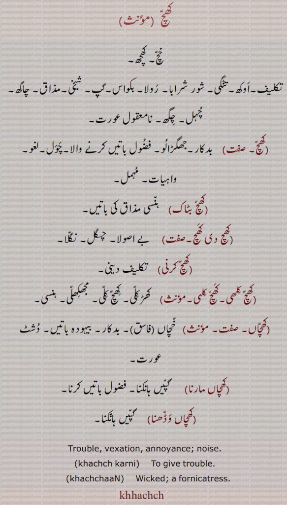 کھچ ,خچ۔ کھچھ,تکلیف۔اوکھ۔تنگی۔ شور شرابا۔ رولا۔ بکواس۔گپ۔ شیخی۔مذاق۔ چاگھ۔ چہل۔ چگھ۔ نامعقول عورت,کھچ,بدکار۔جھگڑالو۔ فضول باتیں کرنے والا۔چول۔لغو۔ واہیات۔ مہمل,کھچ بٹاک,   ہنسی مذاق کی باتیں,کھچ دی کھچ, بے اصولا۔ چگل۔ نگلا,کھچ کرنی, تکلیف دینی,کھچ کلھی۔کھچ کلہی,  کھڑکلی۔ کھچ کلی۔ مجھکھلی۔ ہنسی,
,کھچاں ,  خچاں,فاسق ۔ بدکار۔ بیہودہ باتیں۔ دشٹ عورت,کھچاں مارنا,   گپیں ہانکنا۔ فضول باتیں کرنا,کھچاں وڈھنا,   گپیں ہانکنا۔
Trouble, vexation, annoyance; noise.,khachch karni, To give trouble.,khachchaaN,   Wicked; a  fornicatress., khachch, khhachch, khachch ,ਖੱਚ, khachch karni, khachchaan, ਖੱਚਾਂ, 