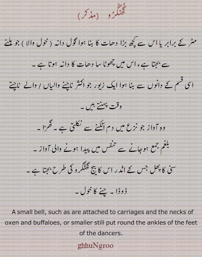 گھنگرو  , گنگرو۔ گنگھرو،
 مٹر کے برابر یا اس سے کچھ بڑا دھات کا بنا ہوا گول دانہ ( خول والا ) جو ہلنے سے بجتا ہے، اس میں چھوٹا سا دھات کا دانہ ہوتا ہے,اسی قسم کے دانوں سے بنا ہوا ایک زیور جو اکثر ناچنے والیاں / والے  ناچتے وقت پہنتے ہیں, وہ آواز جو نزع میں دم اٹکنے سے نکلتی ہے۔ گھرا, بلغم جمع ہوجانے سے تنفس میں پیدا ہونے والی آواز,سنی کا پھل جس کے اندر اس کا بیج گھنگرو کی طرح بجتا ہے, ڈوڈا۔  چنے کا خول۔
  A small bell, such as are attached to carriages and the necks of oxen and buffaloes, or smaller still put round the ankles of the feet of the dancers. guNggroo, ghhuNgroo, ghuNgru, ghuNgru, ਘੁੰਗੁਰੂ