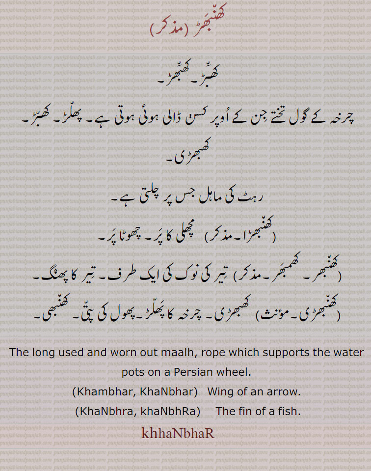 کھنبھڑی
کھنبھڑ ,کھبڑ۔کھبھڑ,چرخہ کے گول تختے جن کے اوپر کسن ڈالی ہوئی ہوتی ہے۔ پھلڑ۔ کھبڑ۔ کھبھڑی,رہٹ کی ماہل جس پر چلتی ہے,کھنبھڑا,   مچھلی کا پر۔ چھوٹا پر,کھنبھر۔ کھمبھر, تیر کی نوک کی ایک طرف۔ تیر کا پھنگ,کھنبھڑی,کھبھڑی۔ چرخہ کا پھلڑ۔پھول کی پتی۔ کھنبھی۔
The long used and worn out maalh, rope which supports the water pots on a Persian wheel.,Khambhar, KhaNbhar,   Wing of an arrow.,KhaNbhra, khaNbhRa,     The fin of a fish.
khaNbbhaR, bar ,ਖੱਭਡ਼, ਖੱਬਡ਼ ,ਖੰਭਡ਼ਾ, khhambhar, khhanbhar, khhanbhra, khhanbhRa,کھنبھڑ, کھبڑ۔کھبھڑ, کھبھڑی,کھنبھڑا,کھنبھر, کھمبھر,,کھنبھڑی