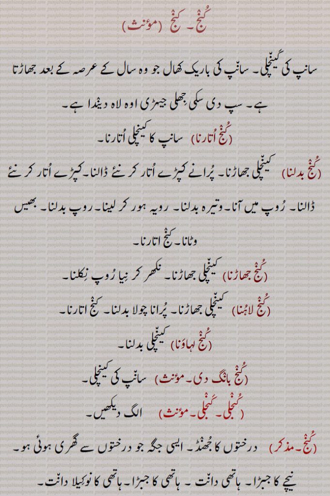 کنج, سانپ کی کینچلی۔ سانپ کی باریک کھال جو وہ سال کے عرصہ کے بعد جھاڑتا ہے۔ سپ دی سکی جھلی جیہڑی اوہ لاہ دیندا ہے,کنج اتارنا,  سانپ کا کینچلی اتارنا,کنج بدلنا,کینچلی جھاڑنا۔ پرانے کپڑے اتار کر نئے ڈالنا۔کپڑے اتار کر نئے ڈالنا۔ روپ میں آنا۔وتیرہ بدلنا۔ رویہ ہور کر لینا۔روپ بدلنا۔ بھیس وٹانا۔کنج اتارنا,کنج جھاڑنا,  کینچلی جھاڑنا۔ نکھر کر نیا روپ نکلنا,کنج لاہنا, کینچلی جھاڑنا۔ پرانا چولا بدلنا۔ کنج اتارنا,کنج لہاونا,  کینچلی بدلنا,کنج بانگ دی,سانپ کی کینچلی,کنجلی۔کنجلی,کنج, درختوں کا جھنڈ۔ ایسی جگہ جو درختوں سے گھری ہوئی ہو۔ نیچے کا جبڑا۔ ہاتھی دانت ۔ ہاتھی کا جبڑا۔ہاتھی کا نوکیلا دانت,کنج,کنگری۔ کڑاؤں والی لیس۔ دوشالہ کی کناری پر گلکاری کا کام۔
