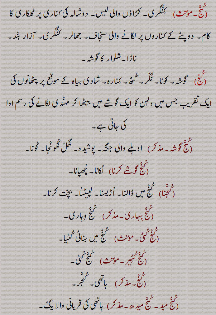  دوپٹے کے کناروں پر لگانے والی سنجاف۔ جھالر۔ کنگری۔ آزار بند۔ ناڑا۔شلوار کا گوشہ,کنج,گوشہ۔ کونا۔ نکر۔ گٹھ۔ کنارہ۔ شادی بیاہ کے موقع پر پٹھانوں کی ایک تقریب جس میں دلہن کو ایک گوشے میں بیٹھا کر مہندی لگانے کی رسم ادا کی جاتی ہے,کنج گوشہ, اوہلے والی جگہ۔ پوشیدہ۔ گھل کھونجا۔ کونا,کنج گوشے کرنا)   لکانا۔ چھپانا,کنجنا,  کنج میں ڈالنا۔ اڑیسنا۔ لپیٹنا۔ بچت کرنا,کنج بہاری,    کنج وہاری,کنج کٹی,کنج میں بنائی  کٹیا,کنج کٹیر, کنج کٹی,کنج,  ہاتھی۔ کنجر,کنج مید۔ کنج میدھ,ہاتھی کی قربانی والا یگ,کنج, کلنگ۔ قاز۔کونج۔