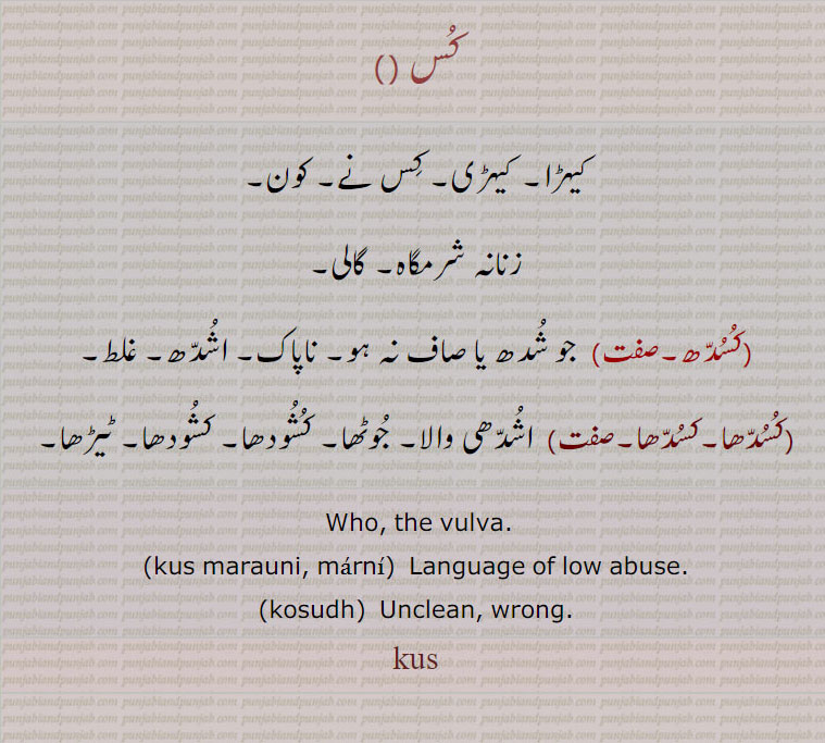 kus, who, vulva, kus marauni, kus maarni, language of low abusw, kosudh, unclean, wrong, گالی،  کُس کس، کیہڑا، کیہڑی، کس نوں، کون، عورت کی شرم گاہ۔  کسدھ۔ ناپاک۔ اشدھ۔ غلط۔ کسدھا۔ اشدھی والا۔ جوٹھا۔ کشودھا۔ ٹیڑھا۔